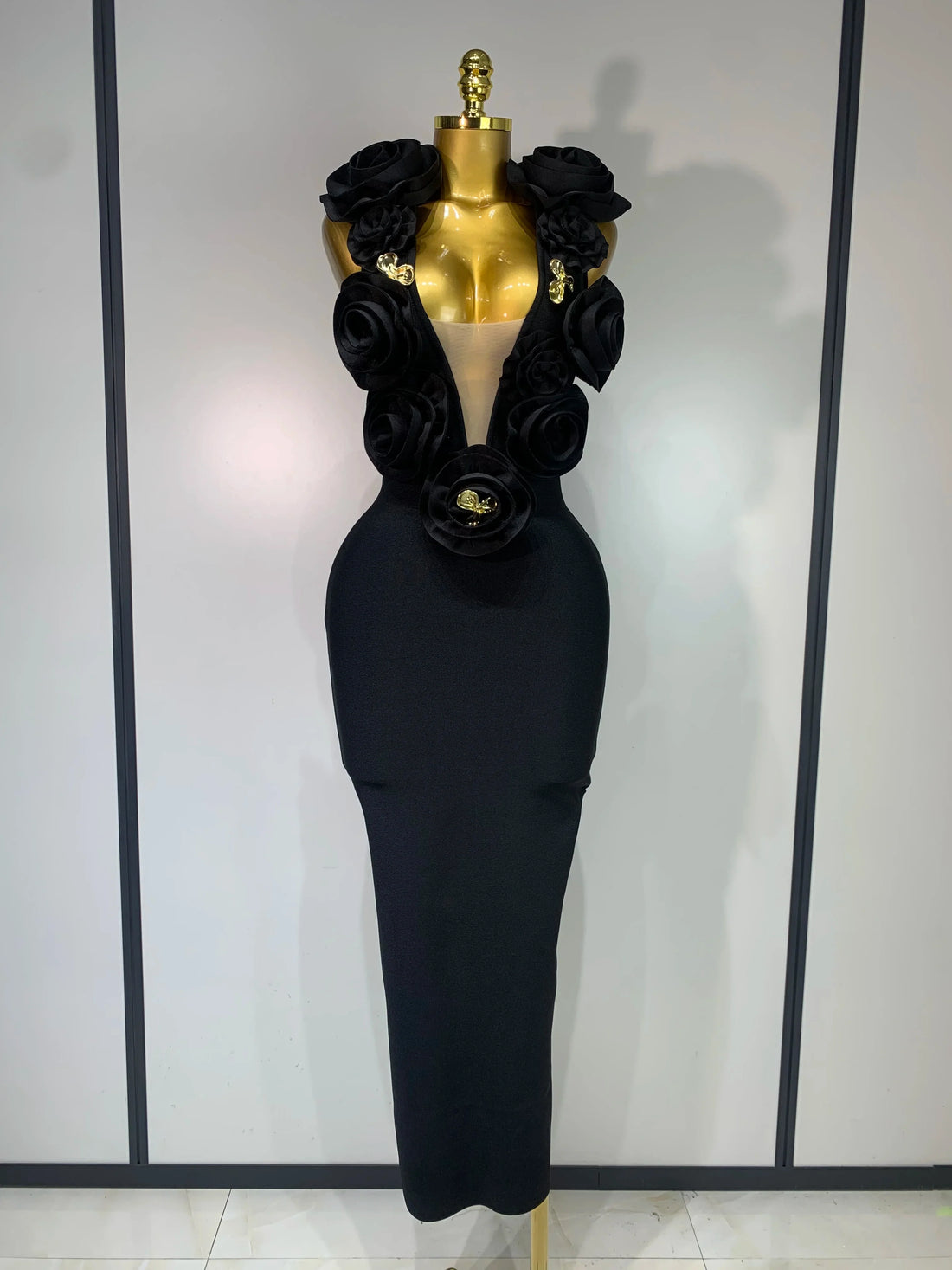 Fashion Black 3D Flower Bodycon Long Bandage Dress Celebrity Elegant Party Birthday Dress Women's Sleeveless Sexy Vestidos black