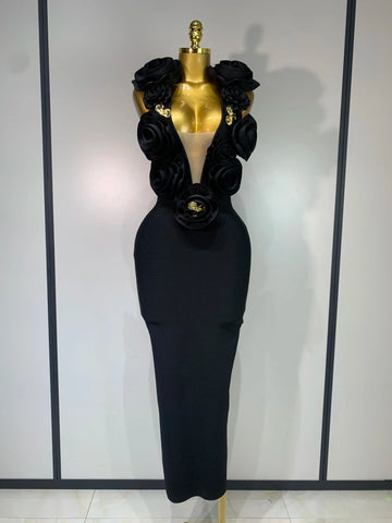 Fashion Black 3D Flower Bodycon Long Bandage Dress Celebrity Elegant Party Birthday Dress Women's Sleeveless Sexy Vestidos black