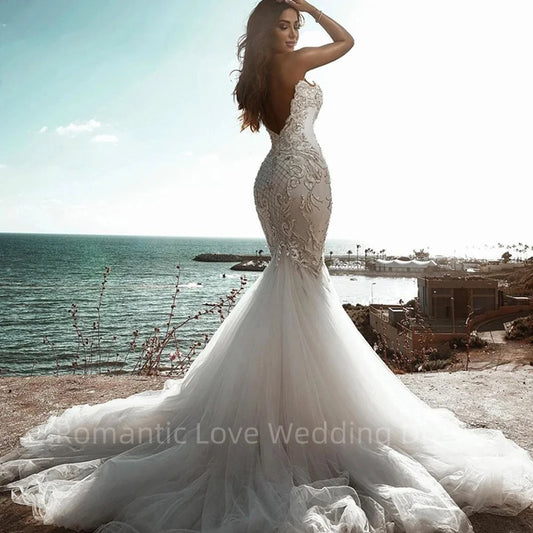 Kekasih Mewah Mermaid Long Wedding Dress Boho Applique Lace Manik Wanita Perkahwinan Gaun Pengantin Plus Saiz Vestido de Novia