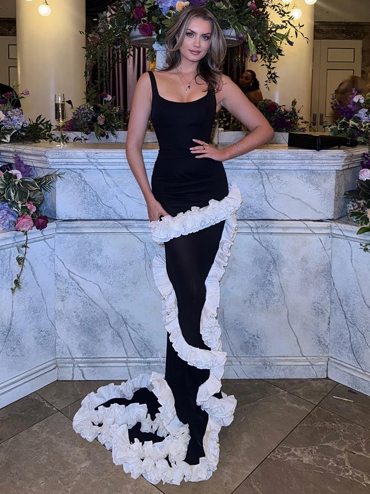 Artistic Black & White Strappy Dress Gown Ruffled Detailing for Creative Galas