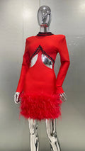 Gorgeous Feathers Sexy Hollow Out Red Mini Bandage Dress Fashion Woman Evening Dress Merry Christmmas Party Outfit