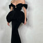 Couture Black Velvet Prom Dresses with Puffy Peplum Off the Shoulder Sheath Long Formal Party Dress Vestidos de fiesta