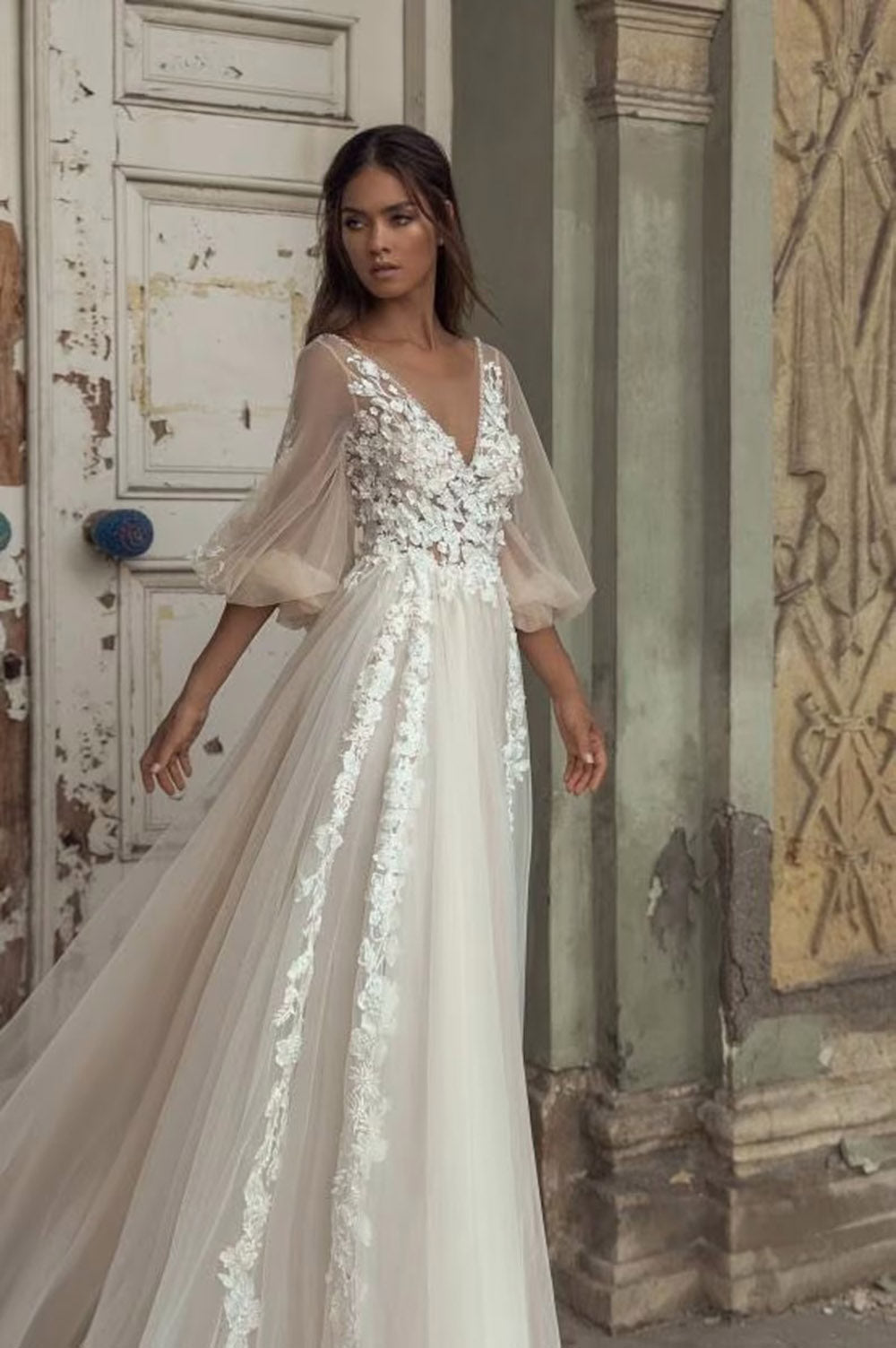 Layout NICEB BOHO Abiti da sposa Abiti da sposa maniche a sbuffi abiti da sposa da sposa Fiori di pizzo Tulle Sweep Train Vestidos de noni Playa