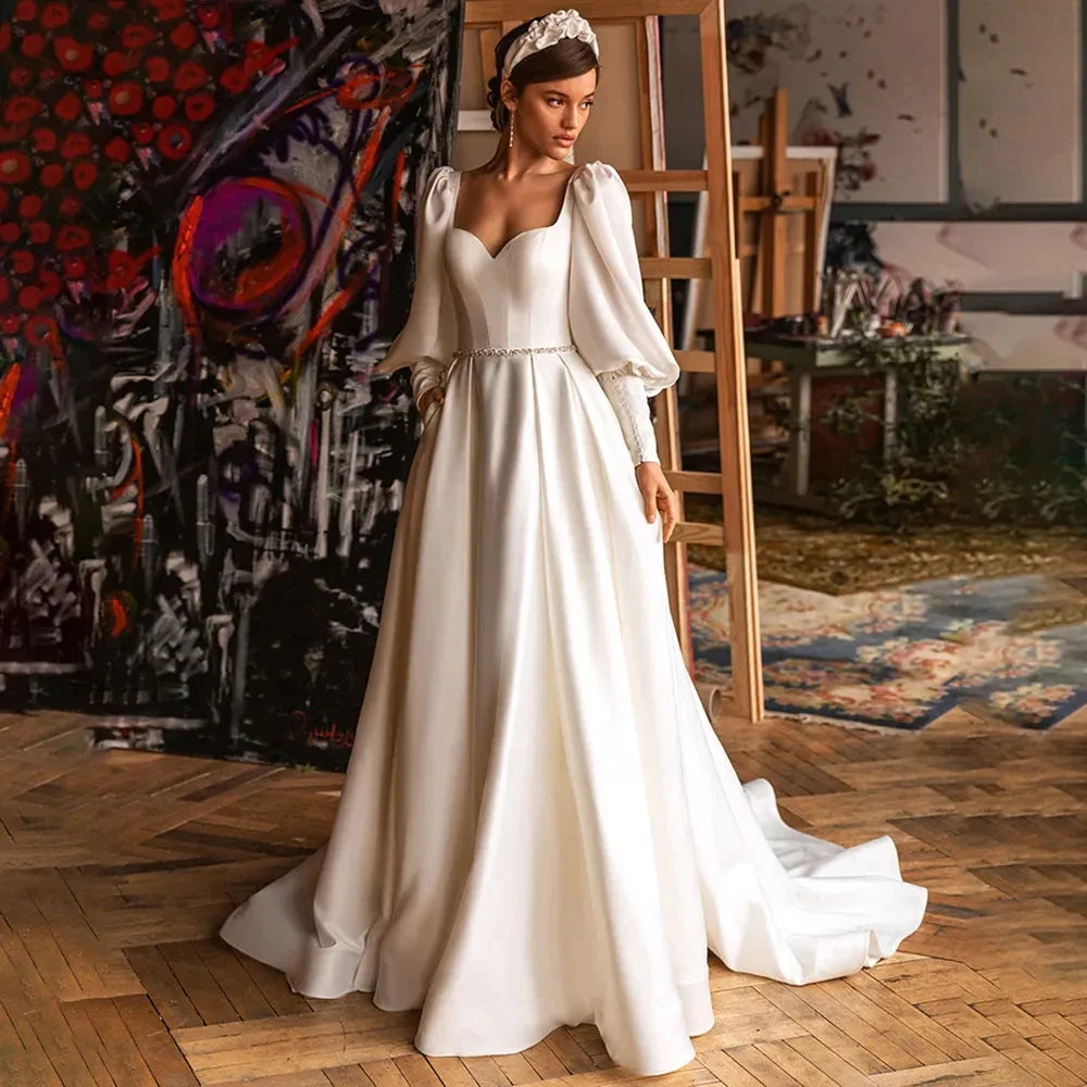 Robe de mariée en Satin blanc, élégante, épaules dénudées, magnifique, manches longues, Sexy, dos nu, Simple 