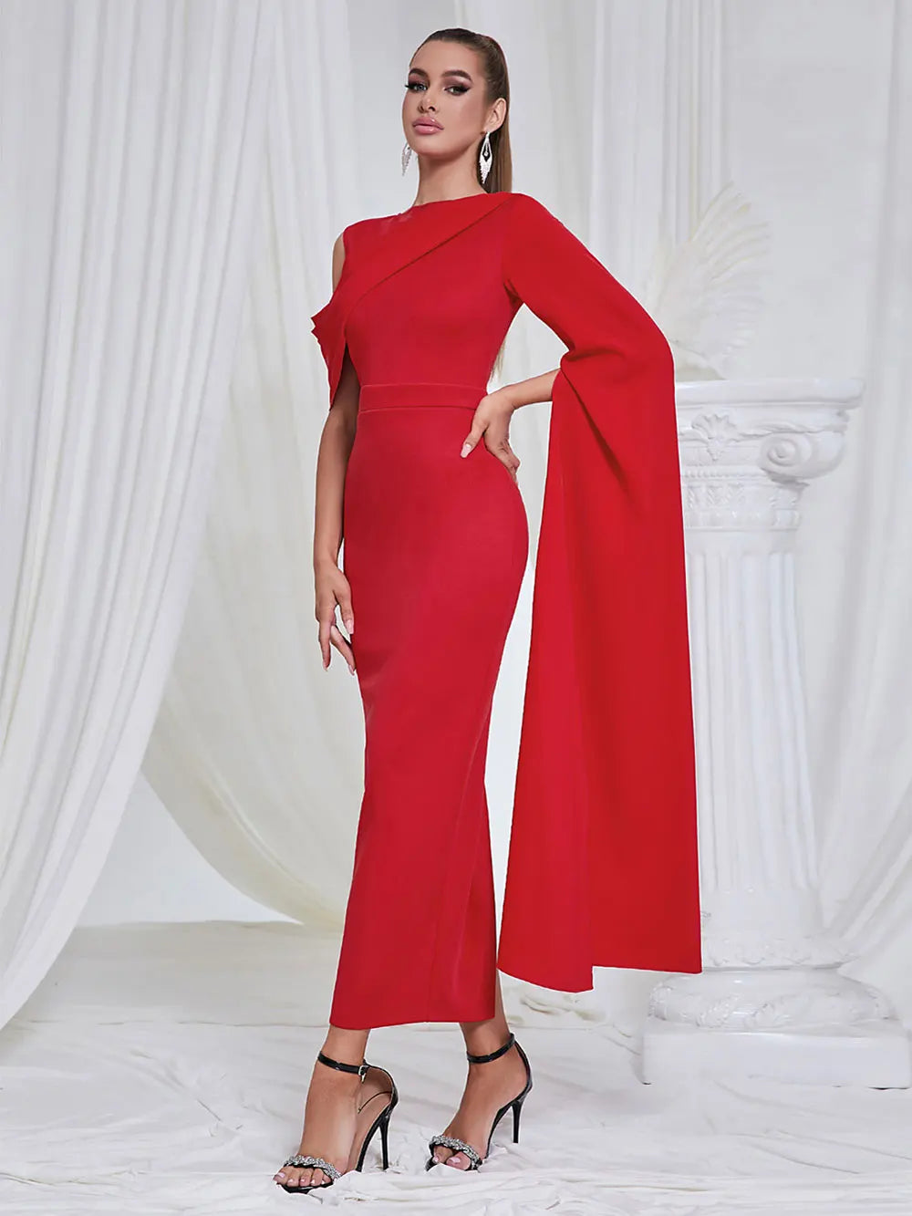 Chic and Elegant Women's Red Dress O-neck Single Shoulder Oversized Trumpet Sleeve Bodycon Long Dress Evening Party Vestido