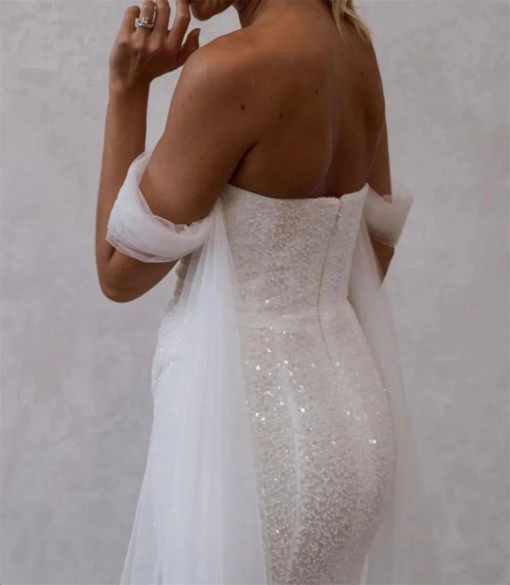 Glitter Beading Prom Dress Sexy Off Shoulder Evening Dress Sexy Side Split فستان سهرة Shiny Strapless Party Dresses Ivory