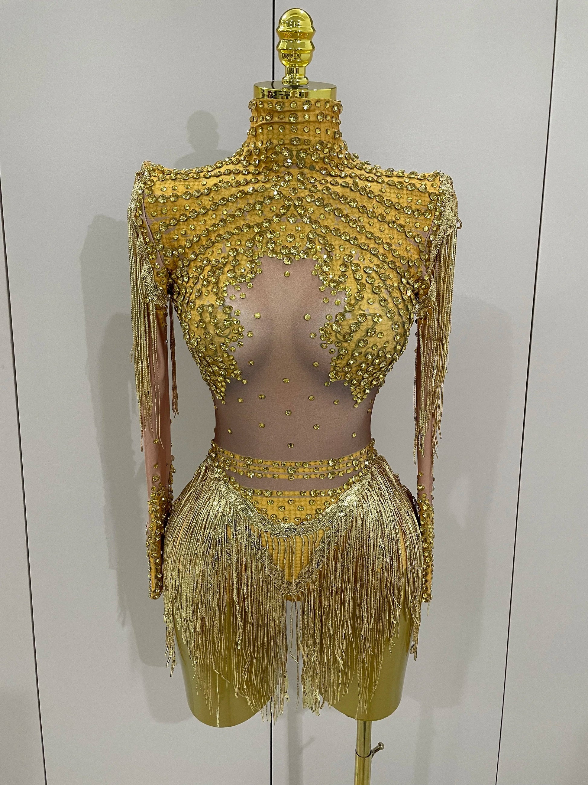 Women Sparkly Rhinestone Sequin Tassel Stretch Bodysuits Birthday Party Nightclub Dj Stage Performance Costume Gold