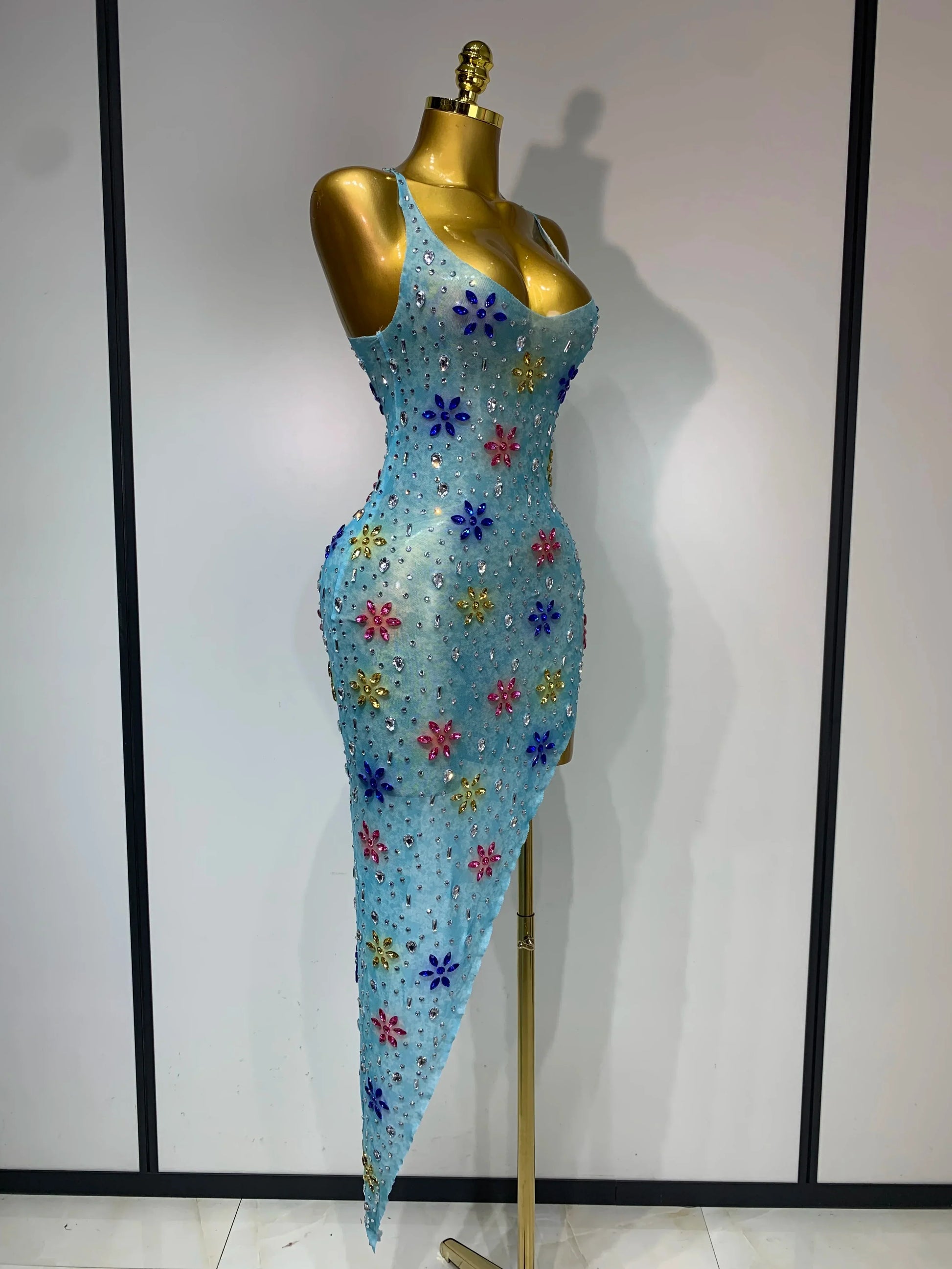 Newest Sexy Mesh High Split Sparkly Diamonds See Through Dress Luxury Birthday Dress Women Celebrate Party Stage Outfit