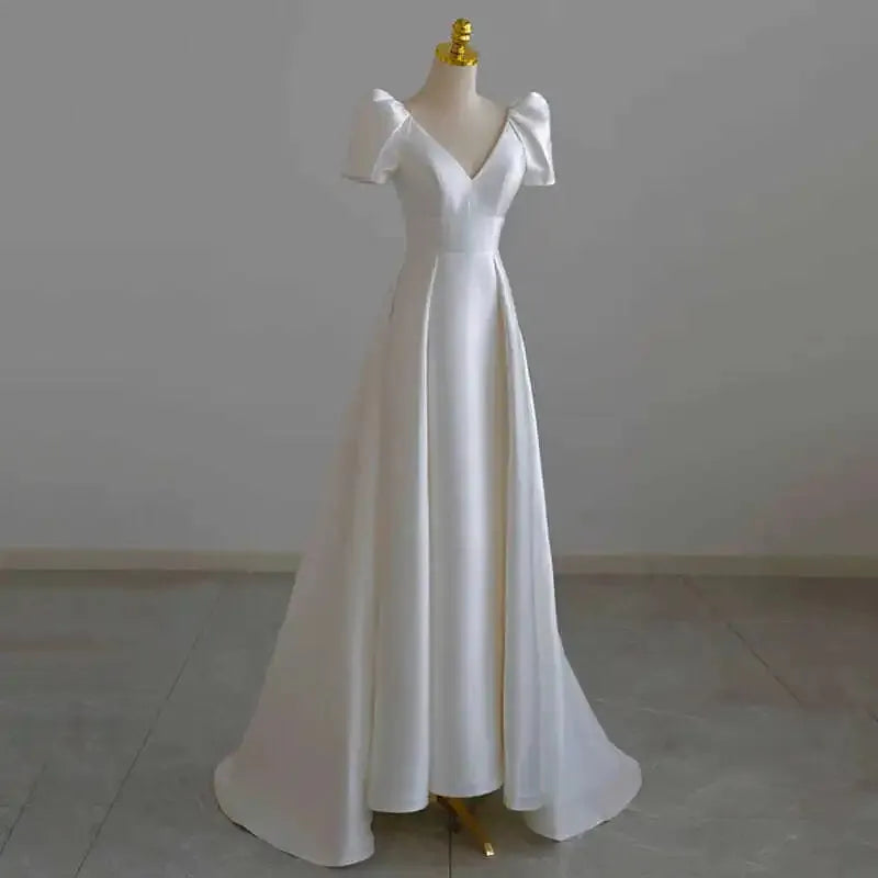White Satin Wedding Bride Maxi Dress Elegant Long Prom Evening Guest Party Summer Dresses for Women Hepburn Style vestidos White 50cm | cn