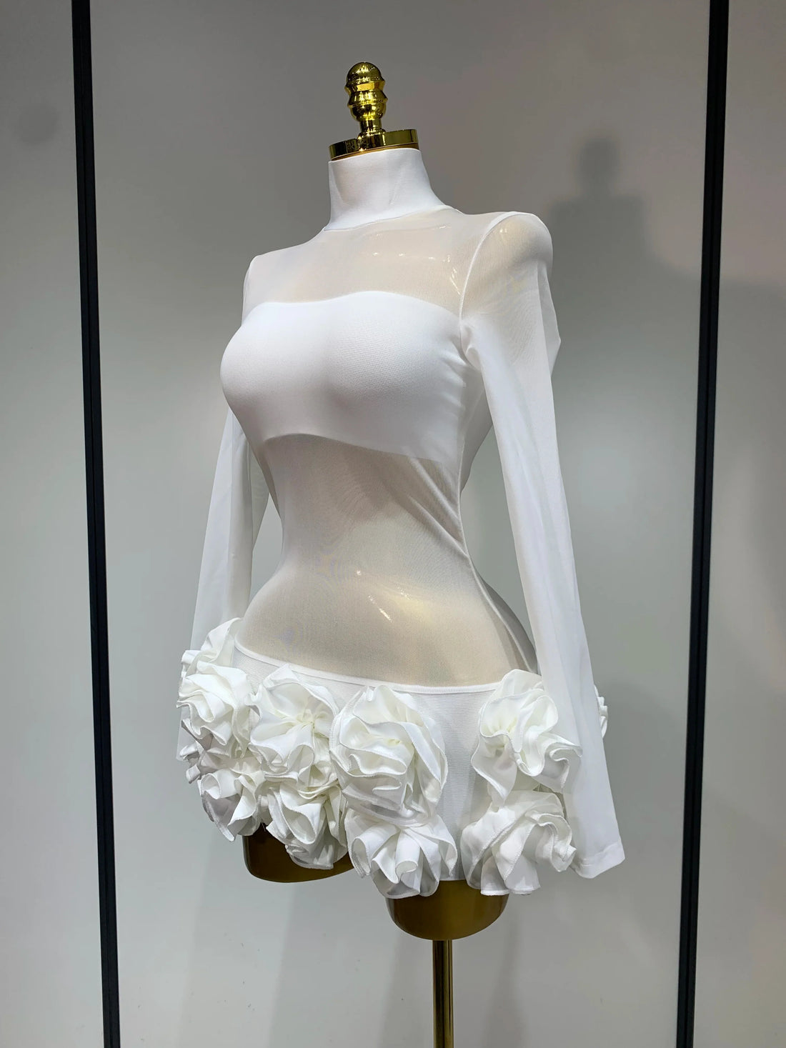 Women Sexy Mesh See through Stereoscopic Flowers White Red Mini Bandage Dress Birthday Evening Party Club Singer Perform Costume WHITE