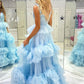 Sky Blue V-neck Prom Dresses Multilayer Tulle A-line فساتين السهرة Elegant Sleeveless Floor-Length vestidos verano moda