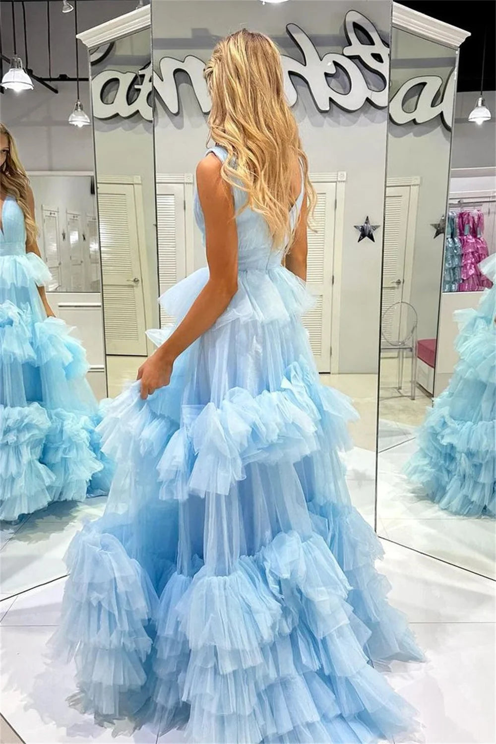 Sky Blue V-neck Prom Dresses Multilayer Tulle A-line فساتين السهرة Elegant Sleeveless Floor-Length vestidos verano moda