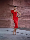 Black Red Color Women Sexy Strap Florals Bodycon Midi Bandage Dress Celebrate Nightclub Party Birthday Photo Shoot Outfit Red