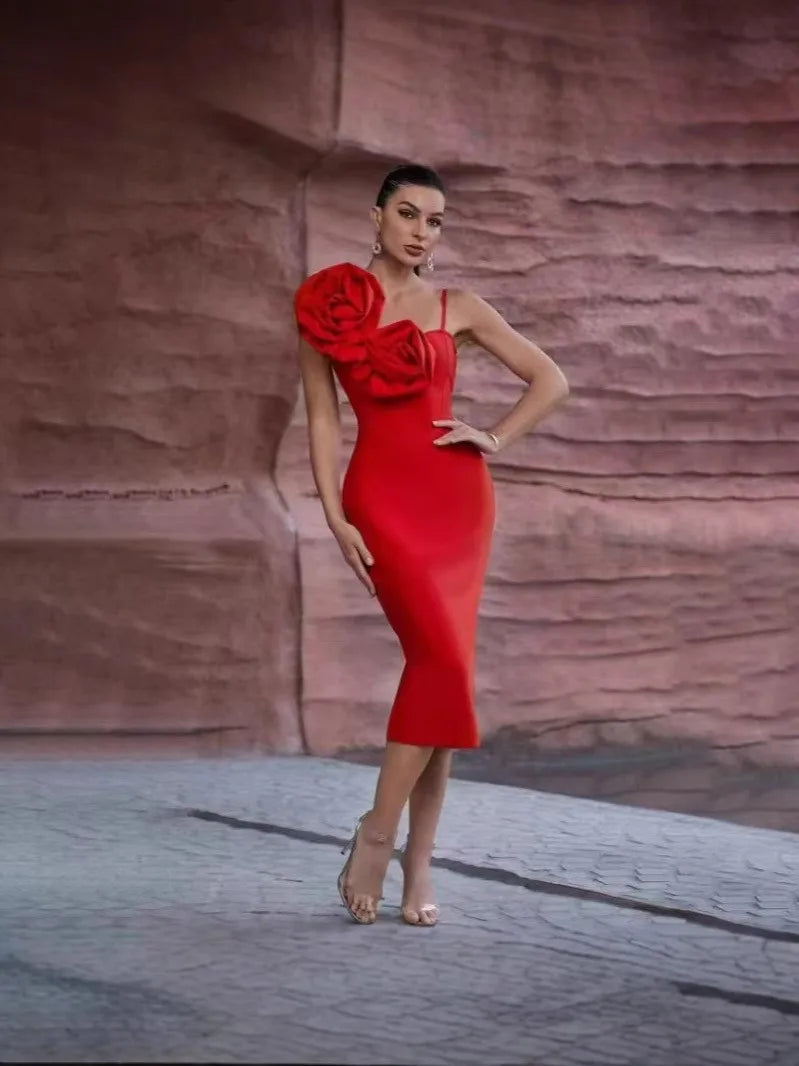 Black Red Color Women Sexy Strap Florals Bodycon Midi Bandage Dress Celebrate Nightclub Party Birthday Photo Shoot Outfit Red