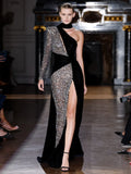 Sexy Sequin Patchwork Design Long Dress Halter Neck Draped One Shoulder Long Sleeve Split Maxi Evening Party Gowns