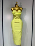 Newest Women Strapless Sexy Yellow Stretch Bodycon Bandage Dress Elegant Evening Party Luxury Birthday Celebrity Prom Gown Yellow