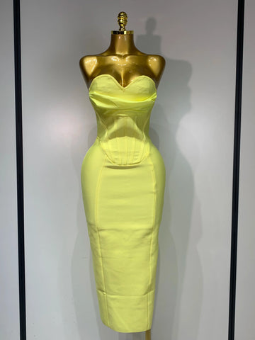 Newest Women Strapless Sexy Yellow Stretch Bodycon Bandage Dress Elegant Evening Party Luxury Birthday Celebrity Prom Gown Yellow