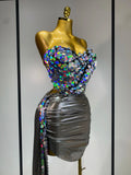 Women Sexy Strapless Sequin Glitter Two Pieces Set Celebirty Elegant Luxury Birthday Evening Party Nightclub Singer Stage Outfit