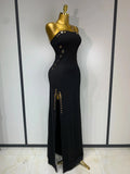 Women Sexy Sleeveless Square Colalr Chain Bodycon Maxi Long Dress Elegant Evening Party Fashion Celebrate Birthday Dress