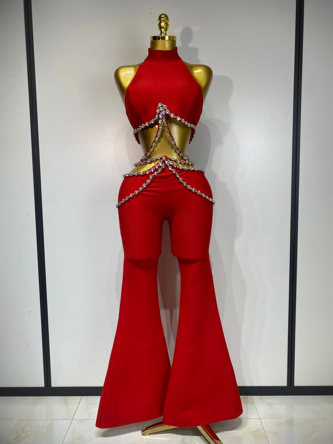 Women Luxury Rhinestone Red Sexy Cut Out Two Piece Pants Bandage Set Celebrity Designer Fashion Women's Set Stage Outfit Rose Red