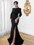 Black Long Sleeves Diamonds Turle Neck Dress Long Sleeves High Slit Celebrity Cocktail Party Bandage Long Dress Maxi Gowns