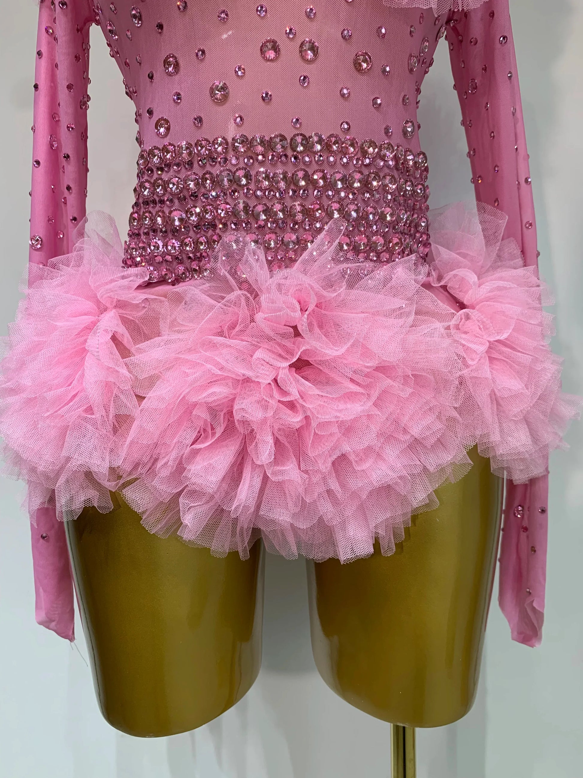 Sexy See Through Rhinestone Bodysuit Women Sexy Tight Mesh Ruffles Performance Dancer Singer Costume Nightclub Stage Outfit