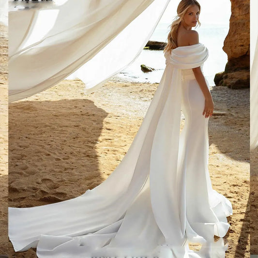 Strapless Off The Shoulder Mermaid Wedding Dresses For Women Backless Spandex Ribbon Cape Civil Elegant Bridal Gown
