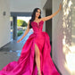 Sexy V-neck Prom Dresses Detachable Train Satin فساتين السهرة Elegant Sleeveless Side High Split vestidos verano moda