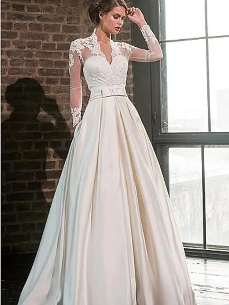 Elegant Wedding Dresses Long Sleeves Lace Satin with Pockets Wedding Gowns Bride Dress Vintage Customize Robe De Mariee 24w Satin