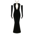 Fashion Gloves Glod Metal Long Chain Deep V-Neck Halter Sheath Black Ankle Length Dress Party Dress Celebrity Birthday Vestido