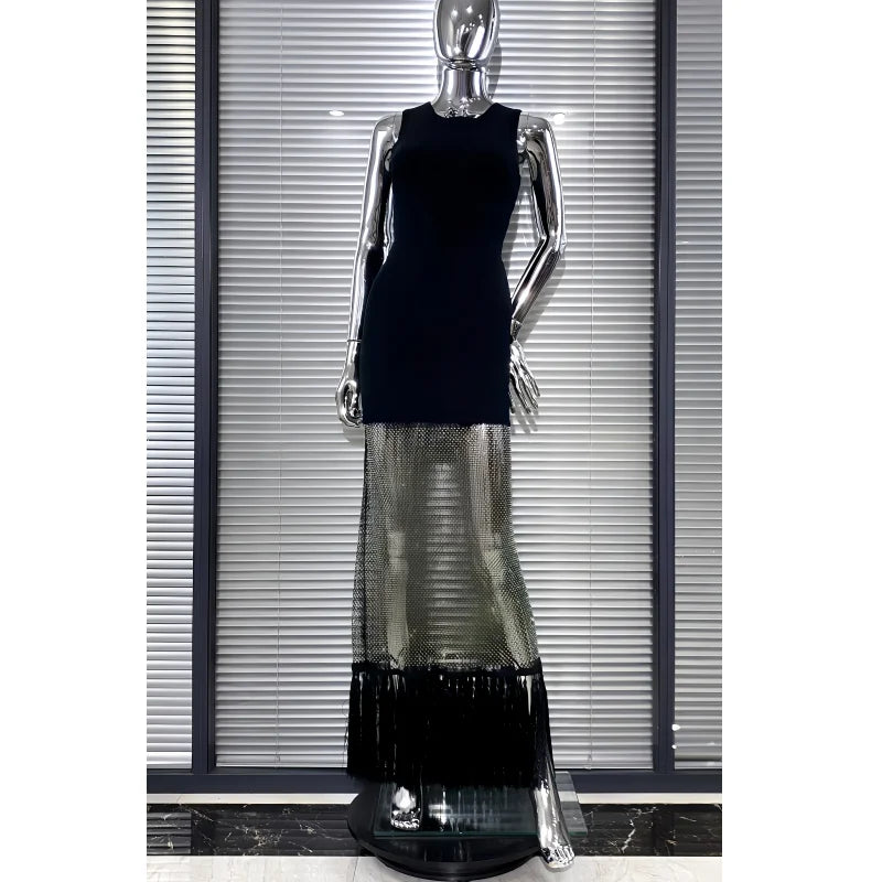 Shining Diamond See Through Mesh Tassels Black Bandage Ankle Length Dress Fashion Woman Party Dress Birthday Party Outfit