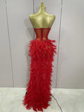 Luxury Sparkly Rhinestones Feathers Long Tail Dress Sexy Mesh Transparent Stage Bodysuit Evening Party Celebrate Birthday Dress