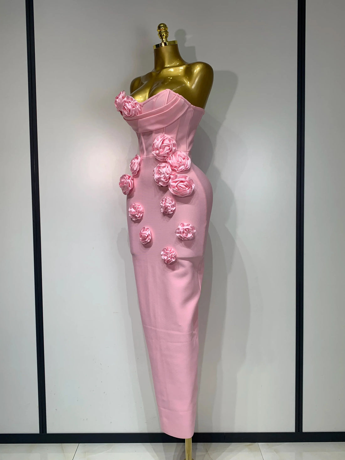 Women Celebrity Sexy Strapless Backless Flower Maxi Long Bodycon Bandage Dress Elegant Birthday Evening Club Party Dresses Pink