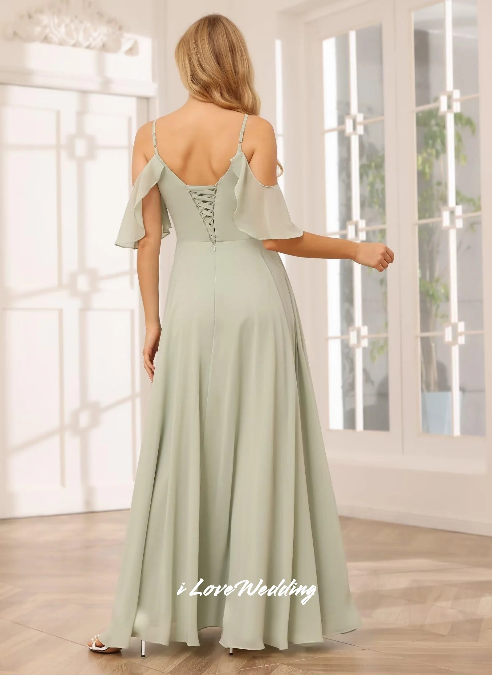 Elegant Chiffon Bridesmaid Dress V-Neck Spaghetti Straps A-Line Split Floor-Length Backless Wedding Guest Dress Customized