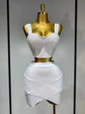 Women Sexy Backless Top Short Skirt Bodycon Bandage Two Pieces Sets Evening Party Luxury Birthday Outfit Nightclub Suits WHITE