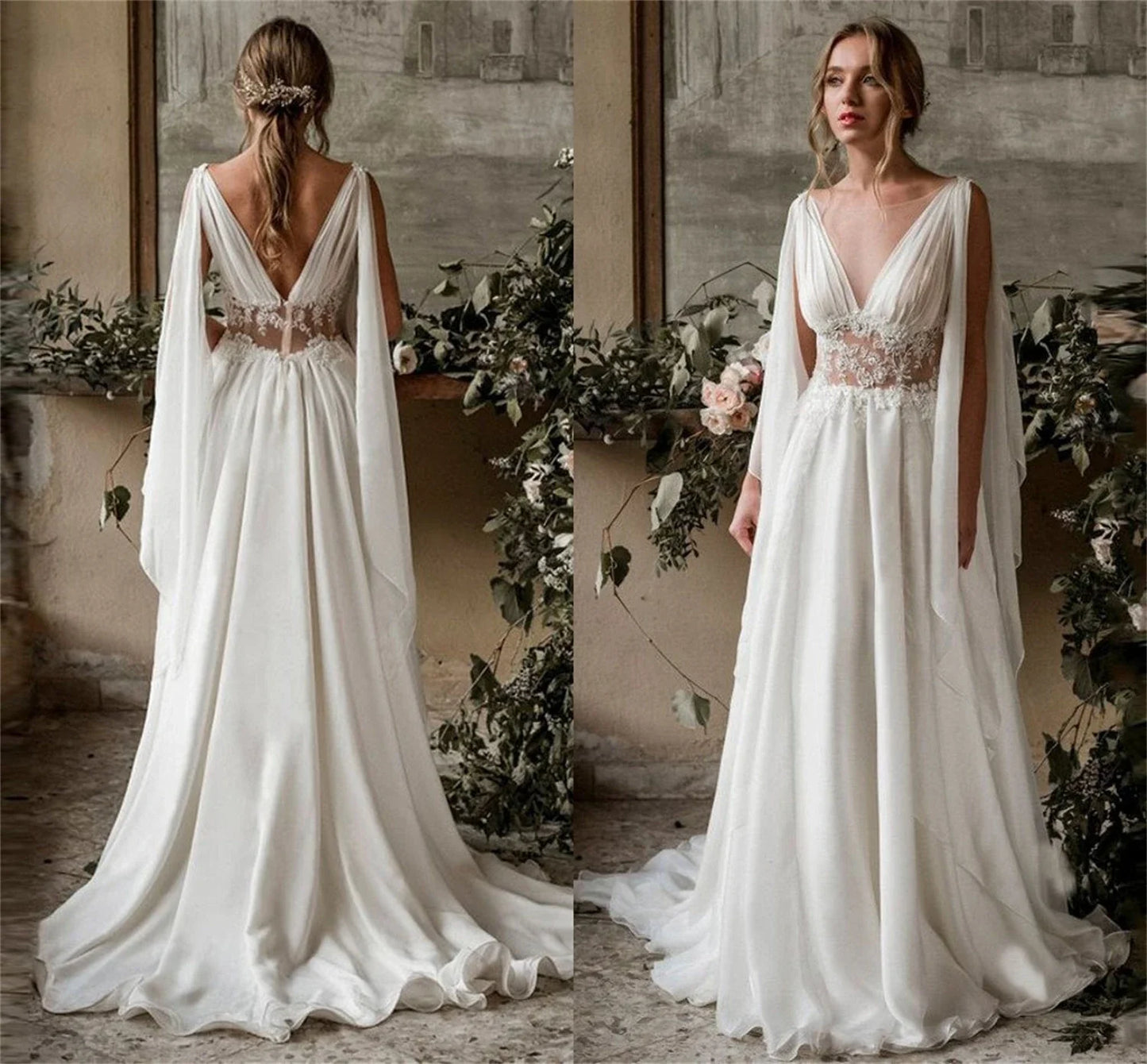 Abiti da sposa vintage Boho Beach Donne senza schienale A-Line Bohemian Chiffon Appliques abiti da sposa Bride Vestidos de nolia