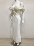 Women Sexy Pearl Beading Tight Maxi Bandage Dress Off The Shoulder Patchwork Bodycon Clothes Club Evening Party Elegant Gown