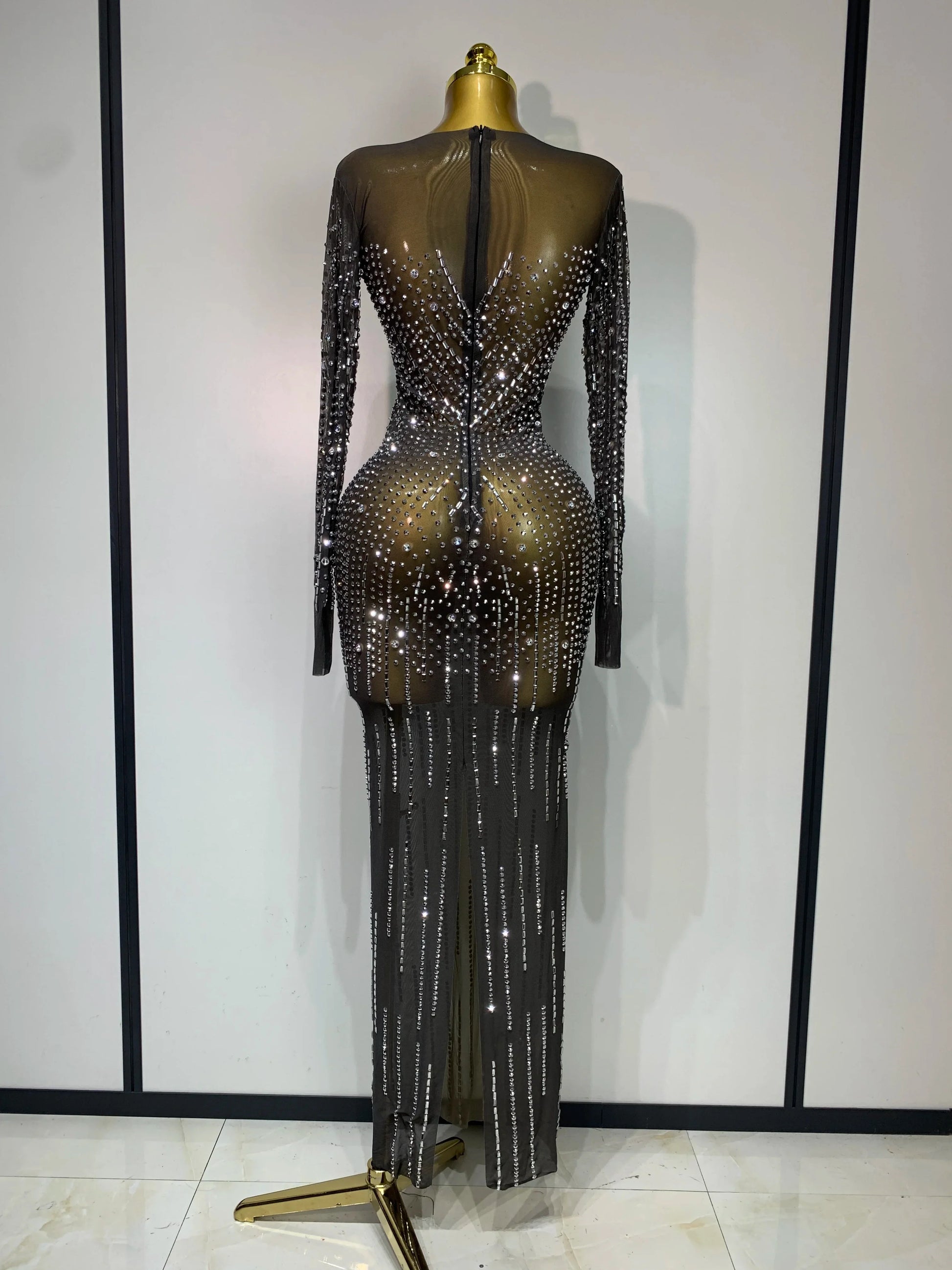Women Sexy Long Sleeve Mesh See Through Dress Elegant Evening Party Luxury Birthday Club Rhinestone Performance Costume