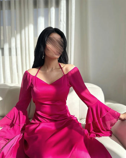 Vestidos De Noche fucsia con manga trompeta elegante con cuello en V hasta la rodilla vestido De graduación 30D Chiffion sirena فساتين السهرة