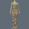 New Women's Sexy Maxi Dress Bodycon Mesh Ball Dress Birthday Party Queen Gown Sparkly Rhinestone Bar Evening Dress Xingmangzhiwu AS PHOTO