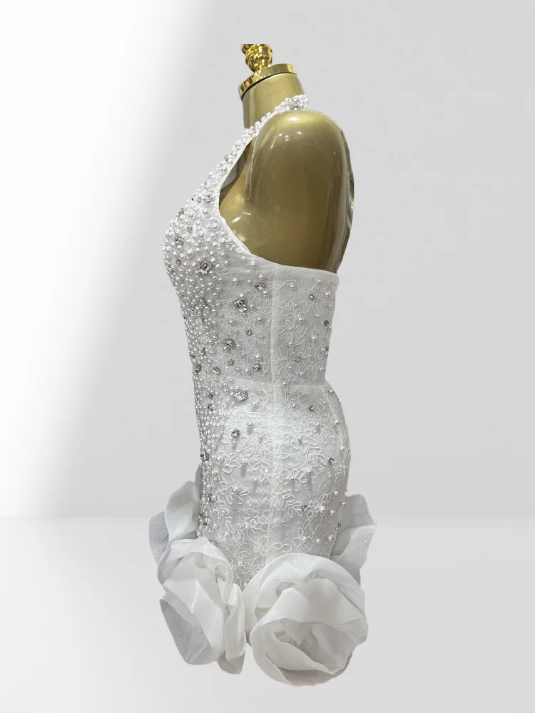 Luxury Diamond Beading Sexy V-Neck Halter Sleeveless White Mini Dress Woman Wedding Party Vestido Birthday Party Outfit