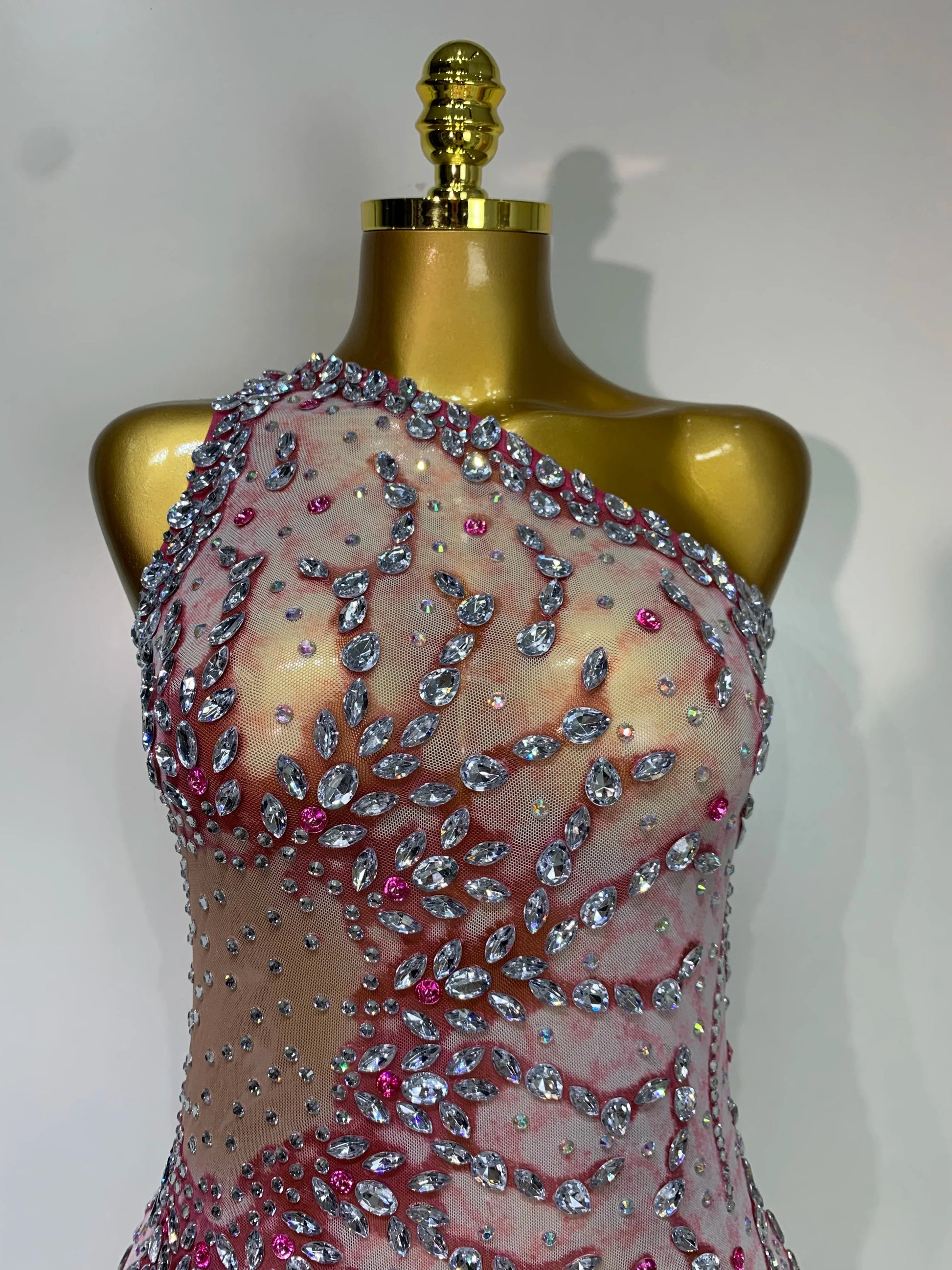 Women Sexy Mesh See Through Rhinestone Mini Dress Stage Dancer One Shoulder Stretch Night Club Party Birthday Dress Stage Outfit