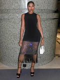 Glamorous Black Sleeveless Dress with Mesh and Fringe Detail Fashion Evening Gown