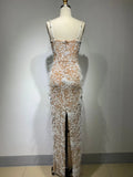 Gorgeous Feathers Beading Spaghetti Strap Bodycon Long Dress Woman Evening Dress Celebrity Birthday Party Outfit