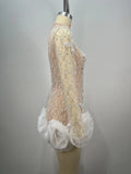 Luxury Exquisite Beading White Flowers Sexy See Through Mini Evening Dress Woman Birthday Party Dress Performances Costume