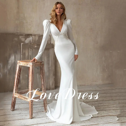 LoveDress Deep V-Neck Wedding Dresses Muslim Long Sleeve Lace Appliques Elegant Mermaid Bride Gown Spandex Button Sweep Trian