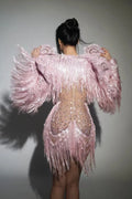 Sparkly Rhinestone Sequin Tassel Coat And Skirt 2Pcs Women Birthday Party Nightclub Dj Stage Performance Costume