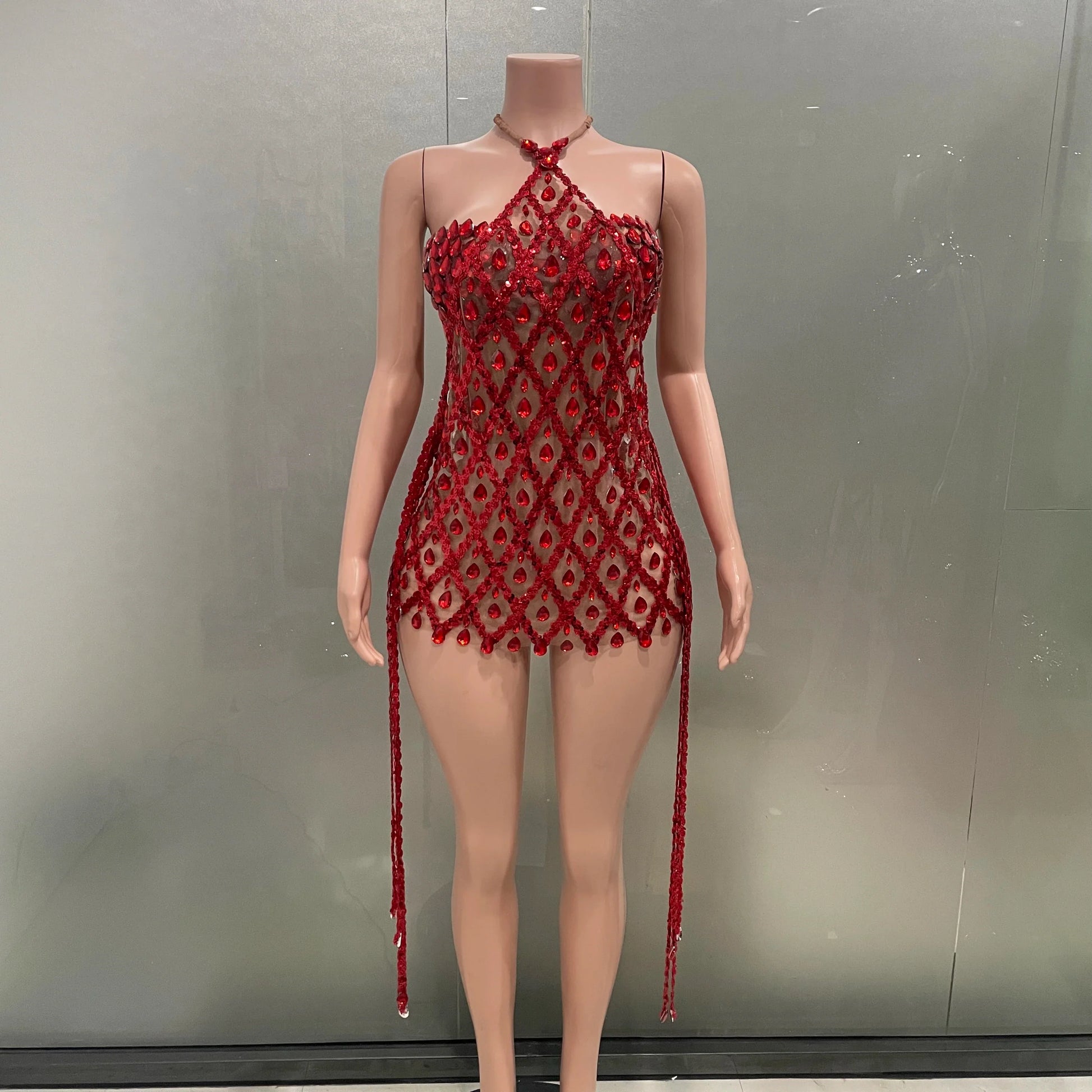 Blue Sequins Shining Diamonds Long Tassel Sleeveless Mini Dress 2 Pieces Birthday Party Outfit Performances Costume Red