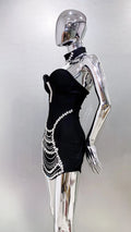 Stylish Necklace Shining Diamonds Strapless Black Bandage Mini Dress Fashion Woman Party Vestido Celebrity Birthday Outfit