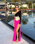 White Beading Flower Sexy One Shoulder Expose waist Black Patchwork Rose Red Mid Calf Dress Elegant Woman Evening Dress